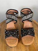 NWB Linea Paolo Varena Black Raffia Embellished Wedge Sandals Size 7
