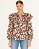 NWT Something Navy Cream Multi Floral Ruffle Long Sleeve Blouse Size Medium