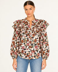 NWT Something Navy Cream Multi Floral Ruffle Long Sleeve Blouse Size Medium