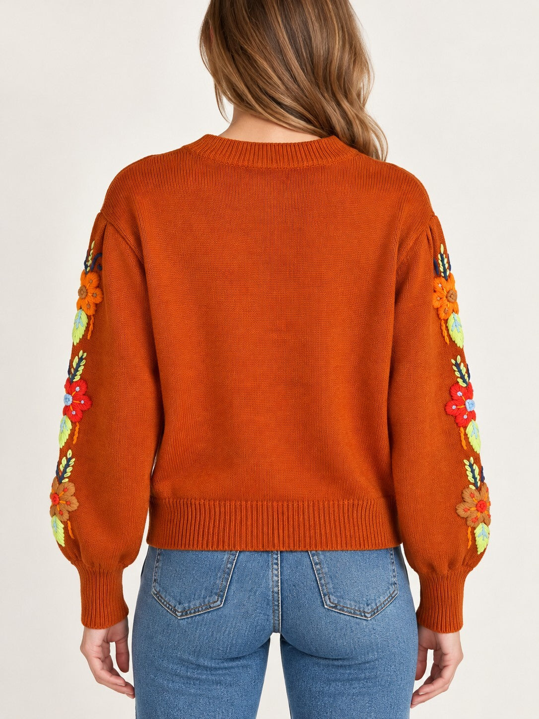 NWT Something Navy Burnt Orange Floral Embroidered Crew Neck Sweater Size XS
