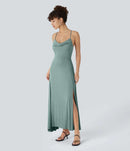 NWT Halara Ribbed Cowl Neck Lace Up Midi Dress Clear Green Size Large