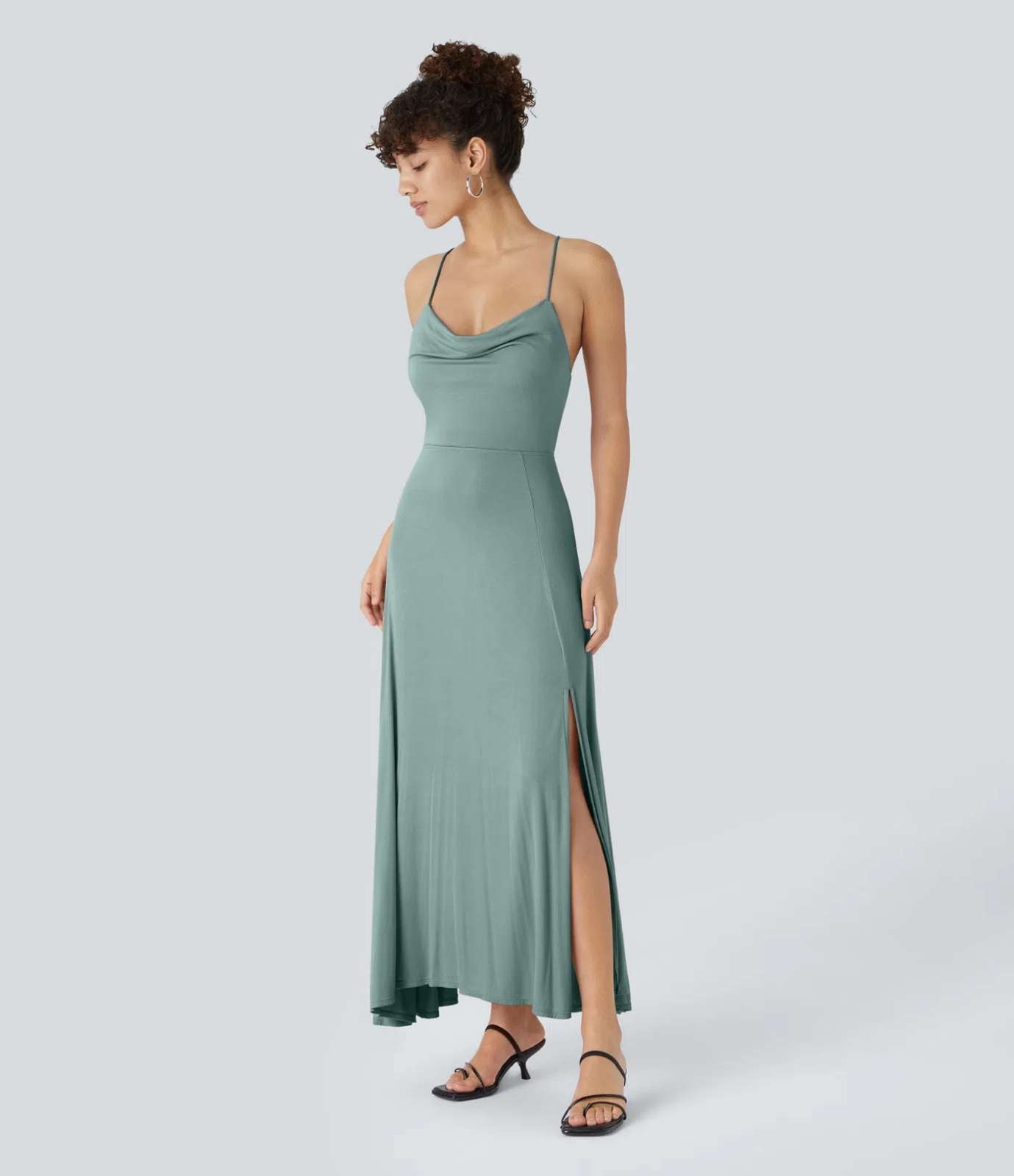 NWT Halara Ribbed Cowl Neck Lace Up Midi Dress Clear Green Size Large