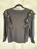 NWT Something Navy Louise Black Floral Embroidered Ruffle Sweater Size Small