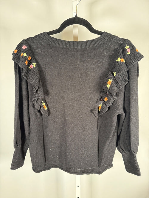 NWT Something Navy Louise Black Floral Embroidered Ruffle Sweater Size Small