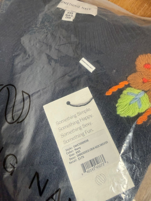 NWT Something Navy Navy Floral Embroidered Crew Neck Sweater Size XXS