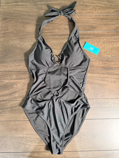 NWT Cupshe Black Halter Cutout O-Ring One Piece Swimsuit Size Small