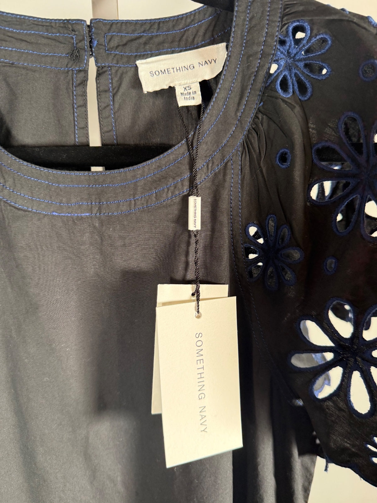 NWT Something Navy Black Combo Floral Eyelet Embroidered Tiered Dress Size XS