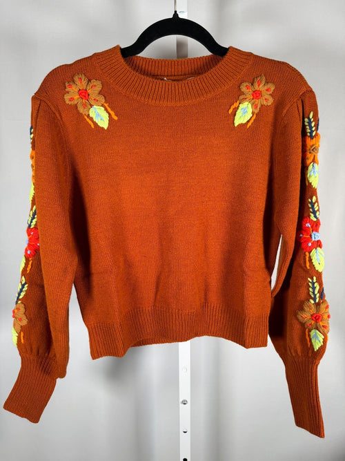 NWT Something Navy Burnt Orange Floral Embroidered Crew Neck Sweater Size Large