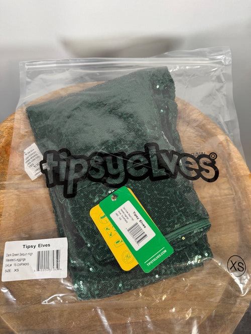 NWT Tipsy Elves Dark Green Sequin High Waisted Leggings Size XS