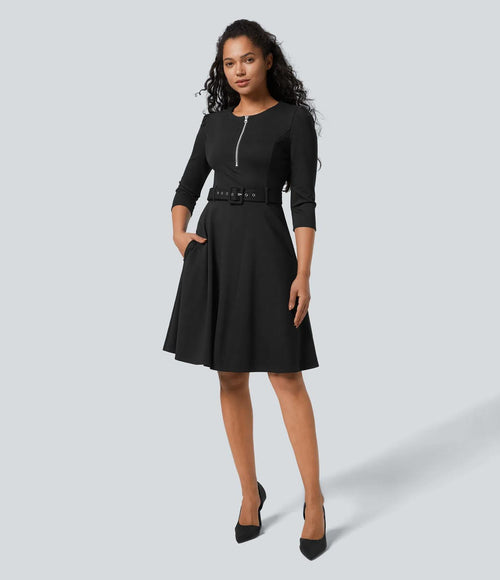 NWT Halara Round Neck Zipper Belted Pocket Midi Fit And Flare Work Dress Size XL