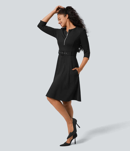 NWT Halara Round Neck Zipper Belted Pocket Midi Fit And Flare Work Dress Size XL
