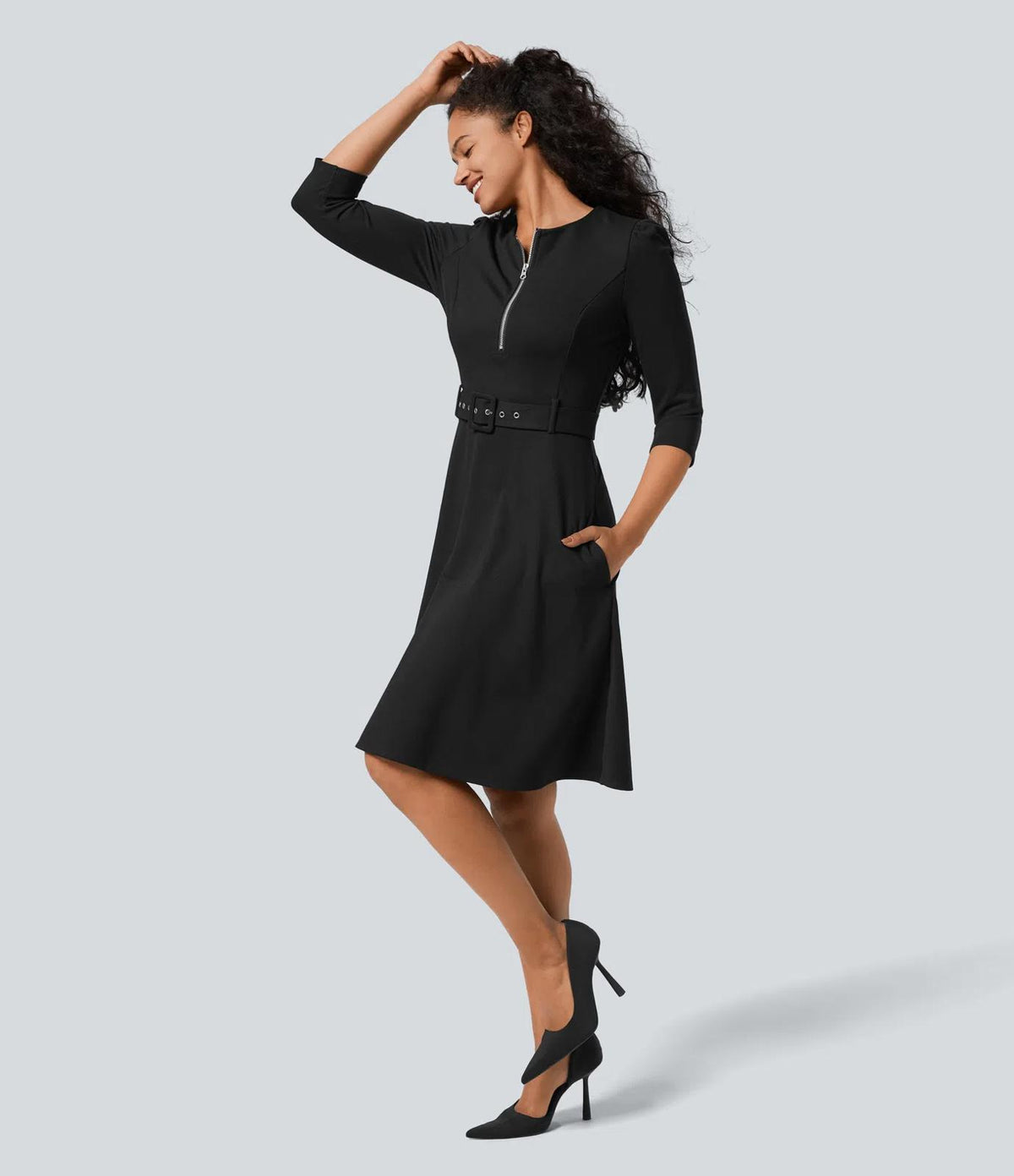 NWT Halara Round Neck Zip Front Belted Midi Work Dress Pockets Size XL