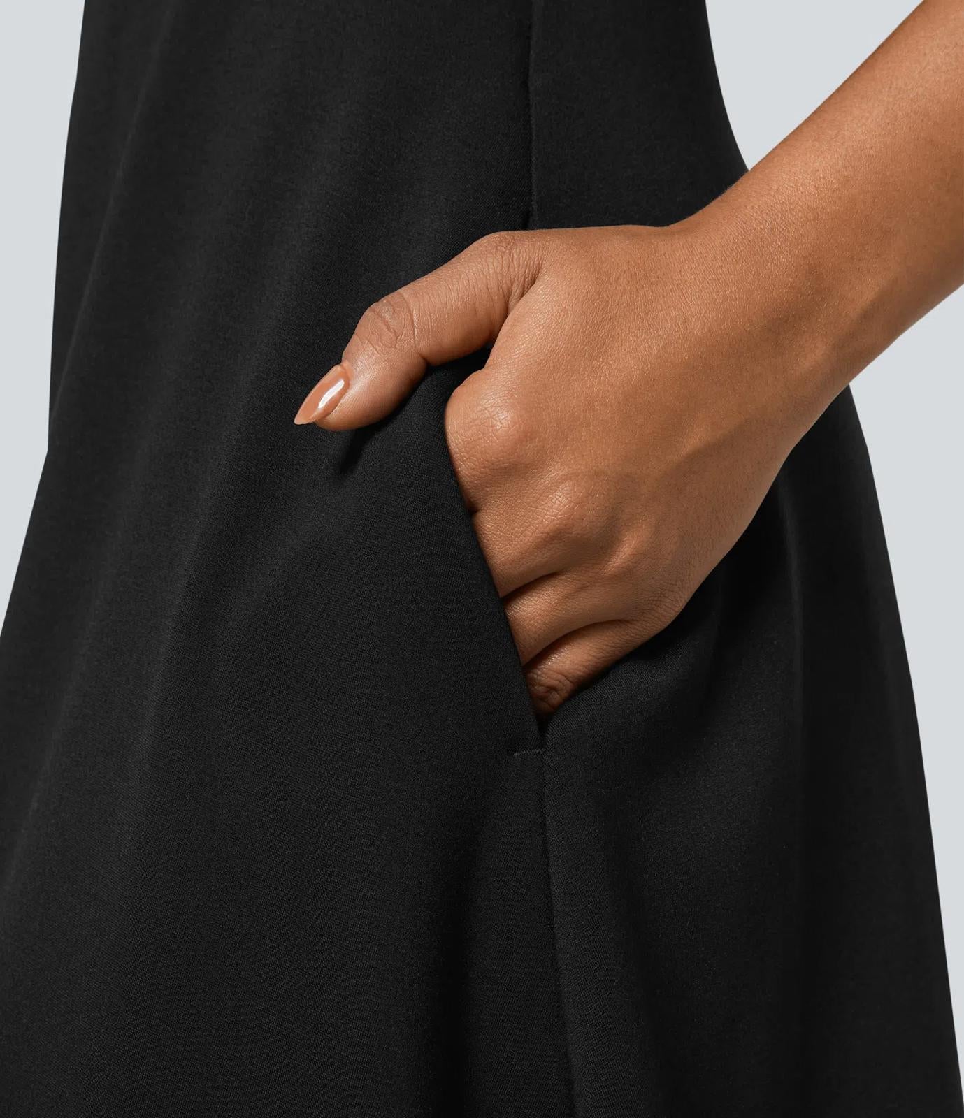 NWT Halara Round Neck Zipper Belted Pocket Midi Fit And Flare Work Dress Black S