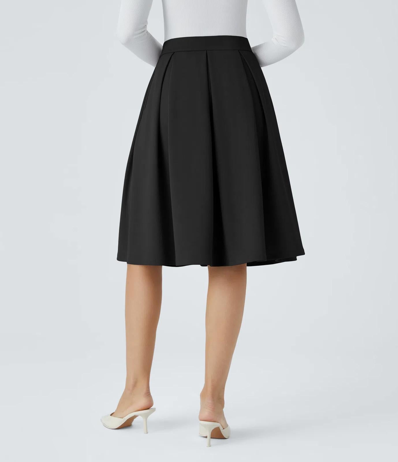 NWT Halara High Waisted Pocket Pleated Crepe Midi Work Skirt Black M