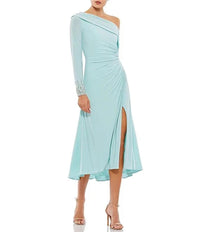 NWT MacDuggal Foldover Long Sleeve Jeweled Midi Dress Powder Blue Size 0