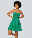 NWT Halara Shirred Flowy Mini Linen-Feel Casual Dress Parakeet Small