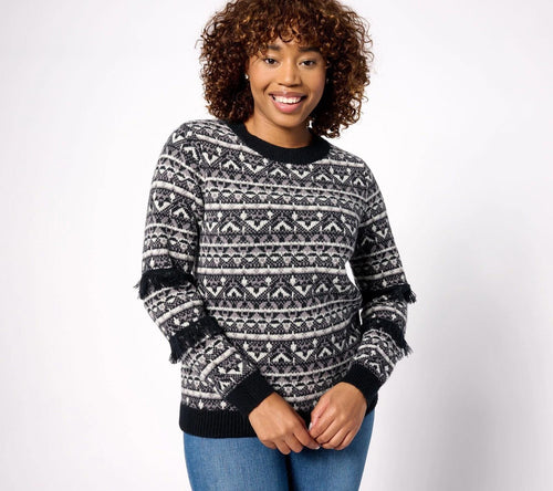 Susan Graver Weekend Intarsia Fringe Sweater Black Size XXS