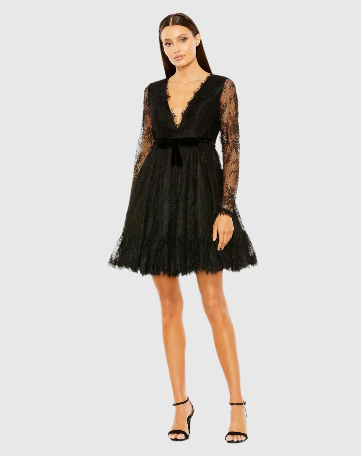 NWT Mac Duggal 49794 Black Long Sleeve Deep V Lace Babydoll Dress Size 4