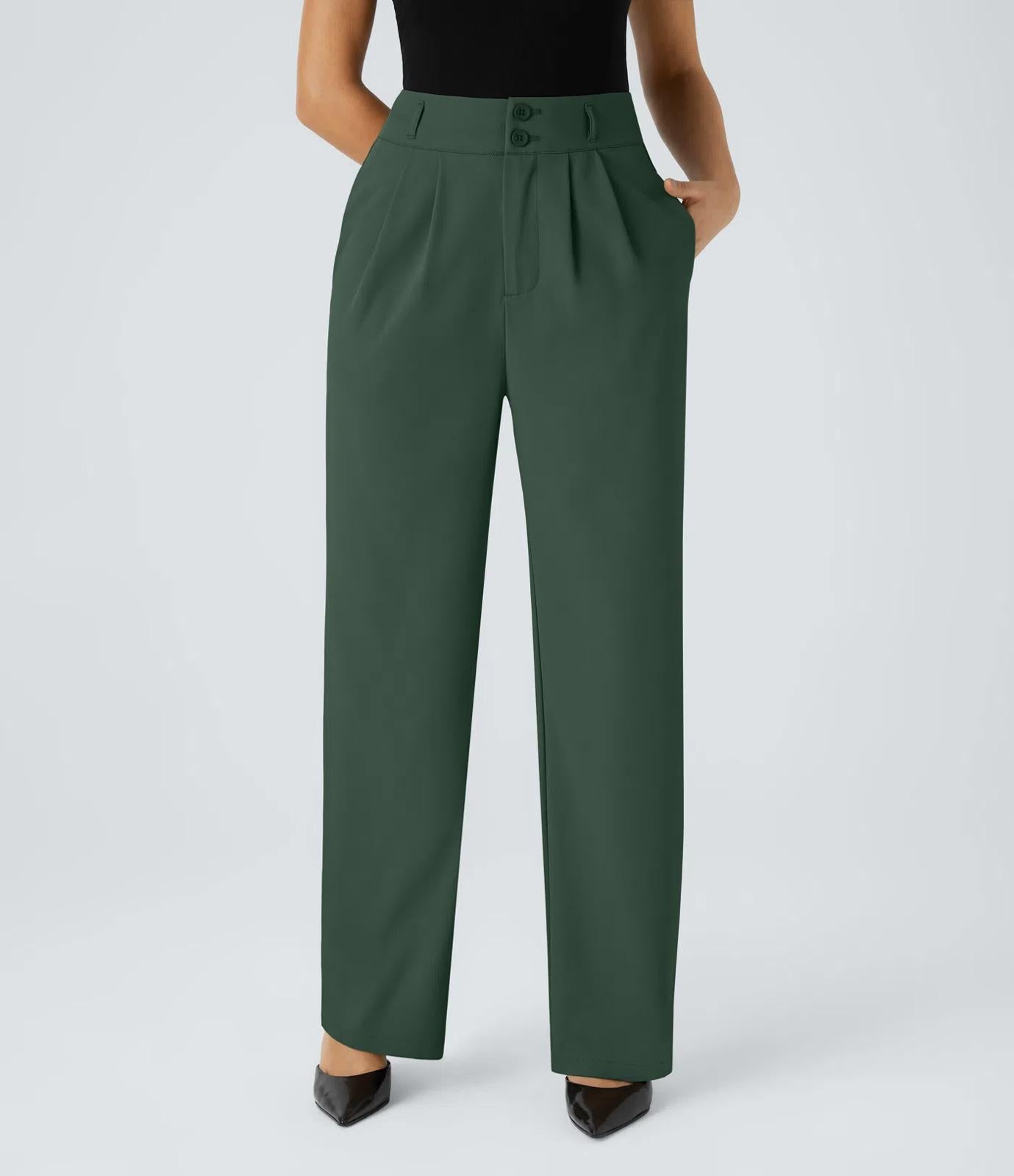 NWT Halara Flex™ High Waisted Shirred Straight Leg Green Work Pants Size XS