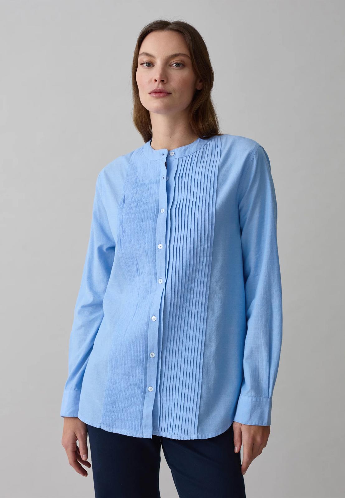 NWT Piombo Chambray Blue Pleated Detail Button Front Blouse Size Small