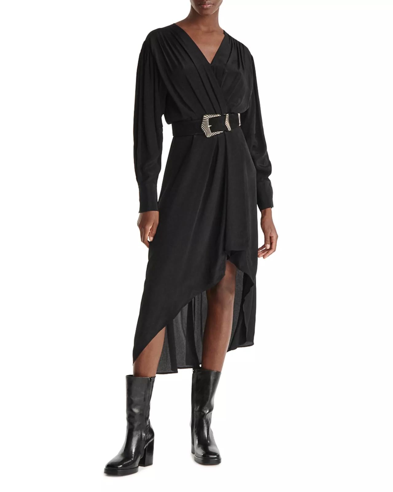 The Kooples Plain Luxury Black Viscose Silk Wrap Dress US Medium NWT