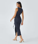 NWT Halara Round Neck Cut Out Ruched Drawstring Hem Bodycon Maxi Dress Size M