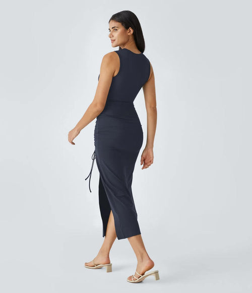 NWT Halara Round Neck Cut Out Ruched Drawstring Hem Bodycon Maxi Dress Size M