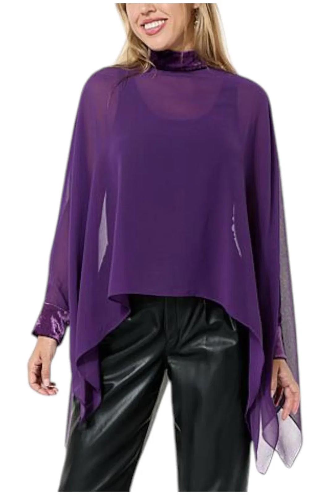 NWT G by Giuliana Women's Black Label Chiffon Poncho Velour Trim Purple Size XS
