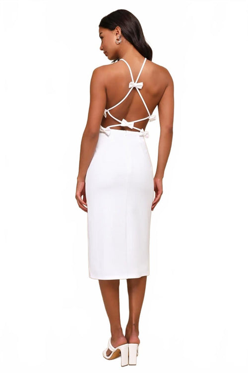 NWT Lulus Glamorous Adornment Ivory Halter Bow Midi Dress XS