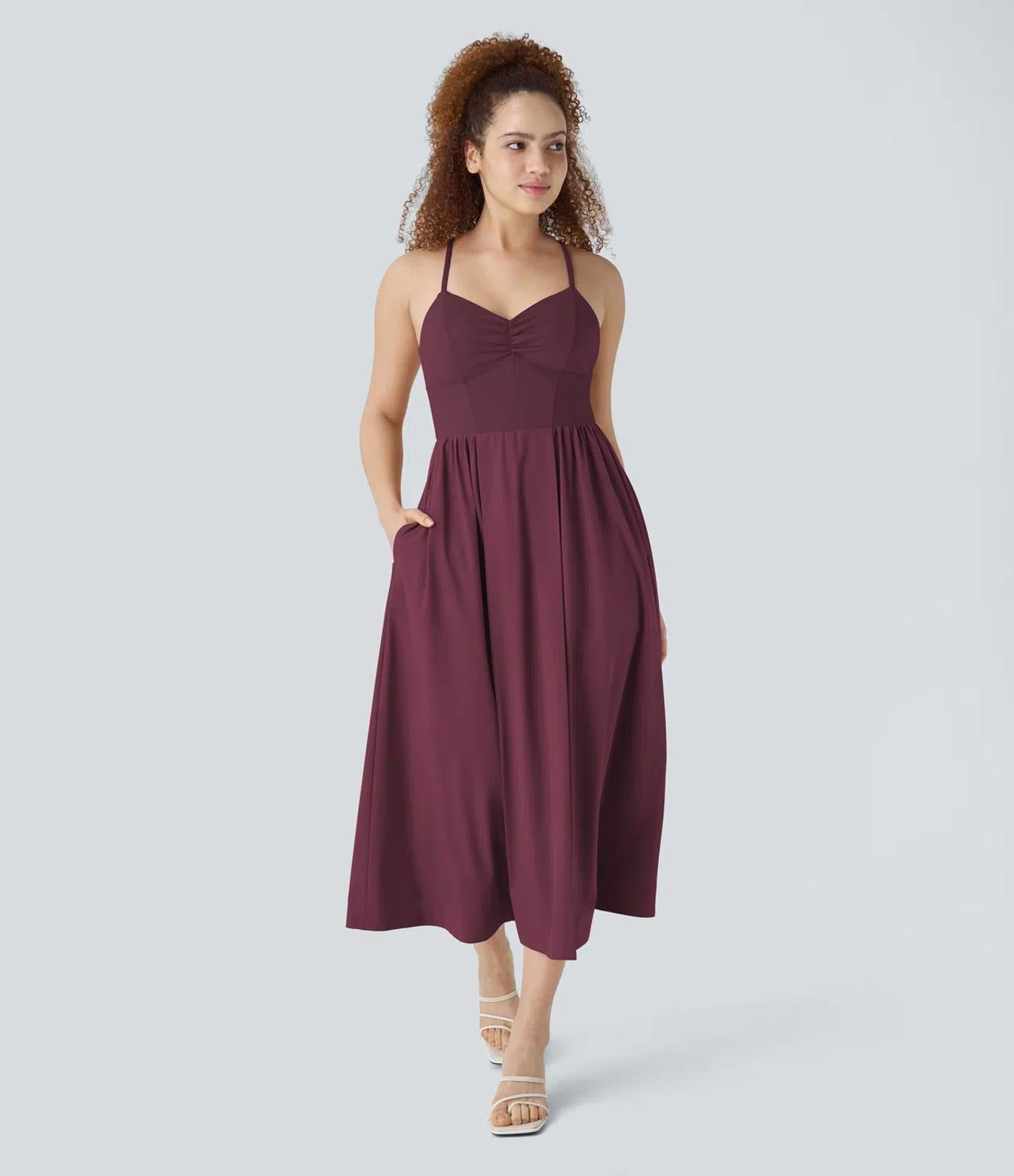 NWT Halara Adjustable Strap Backless Ruched Side Pocket Dress Amaranth M