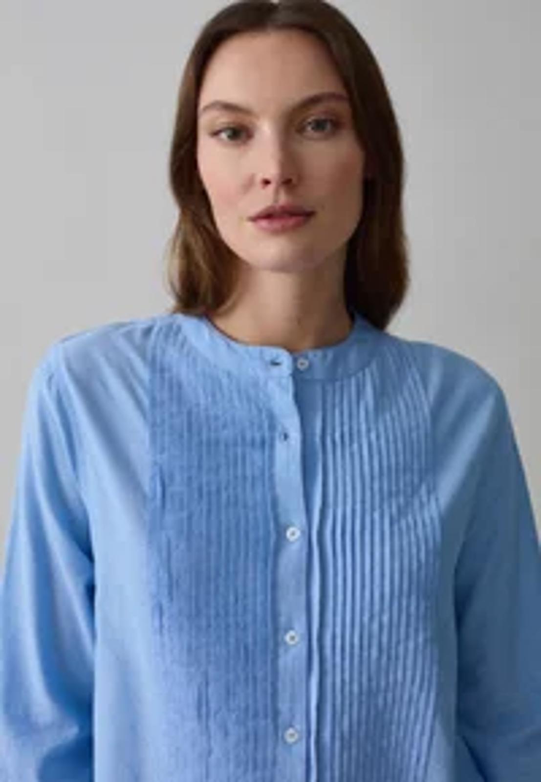 NWT Piombo Chambray Blue Pleated Detail Button Front Blouse Size Small