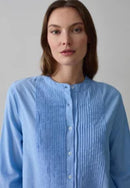 NWT Piombo Chambray Blue Pleated Detail Button Front Blouse Size Small