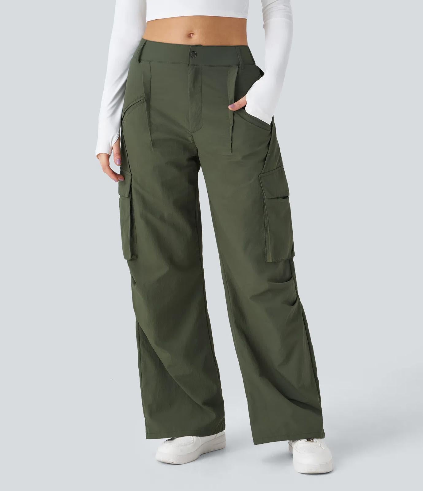 NWT Halara Mid Rise Button Zipper Wide Leg Cargo Pants Size Medium Tall