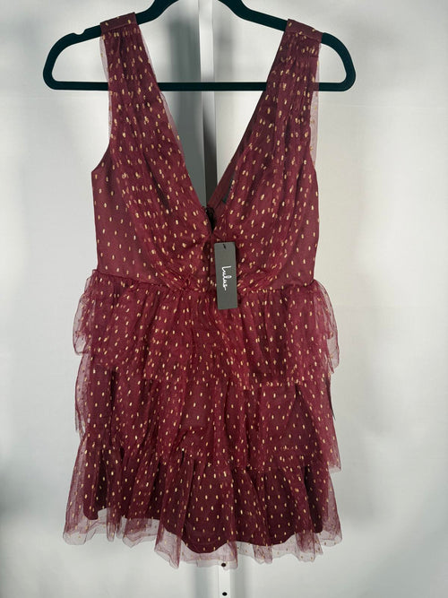 NWT Lulus Forever Sparkling Burgundy Dotted Mesh Tiered Mini Dress Size M