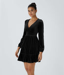 NWT Halara Deep V Neck Long Sleeve Ruffled Hem Velvet Mini Chill Dress Black Large