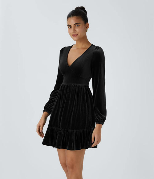 NWT Halara Deep V Neck Long Sleeve Ruffled Hem Velvet Mini Chill Dress Black Large