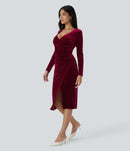 NWT Halara V Neck Long Sleeve Ruched Velvet Midi Casual Dress Size M