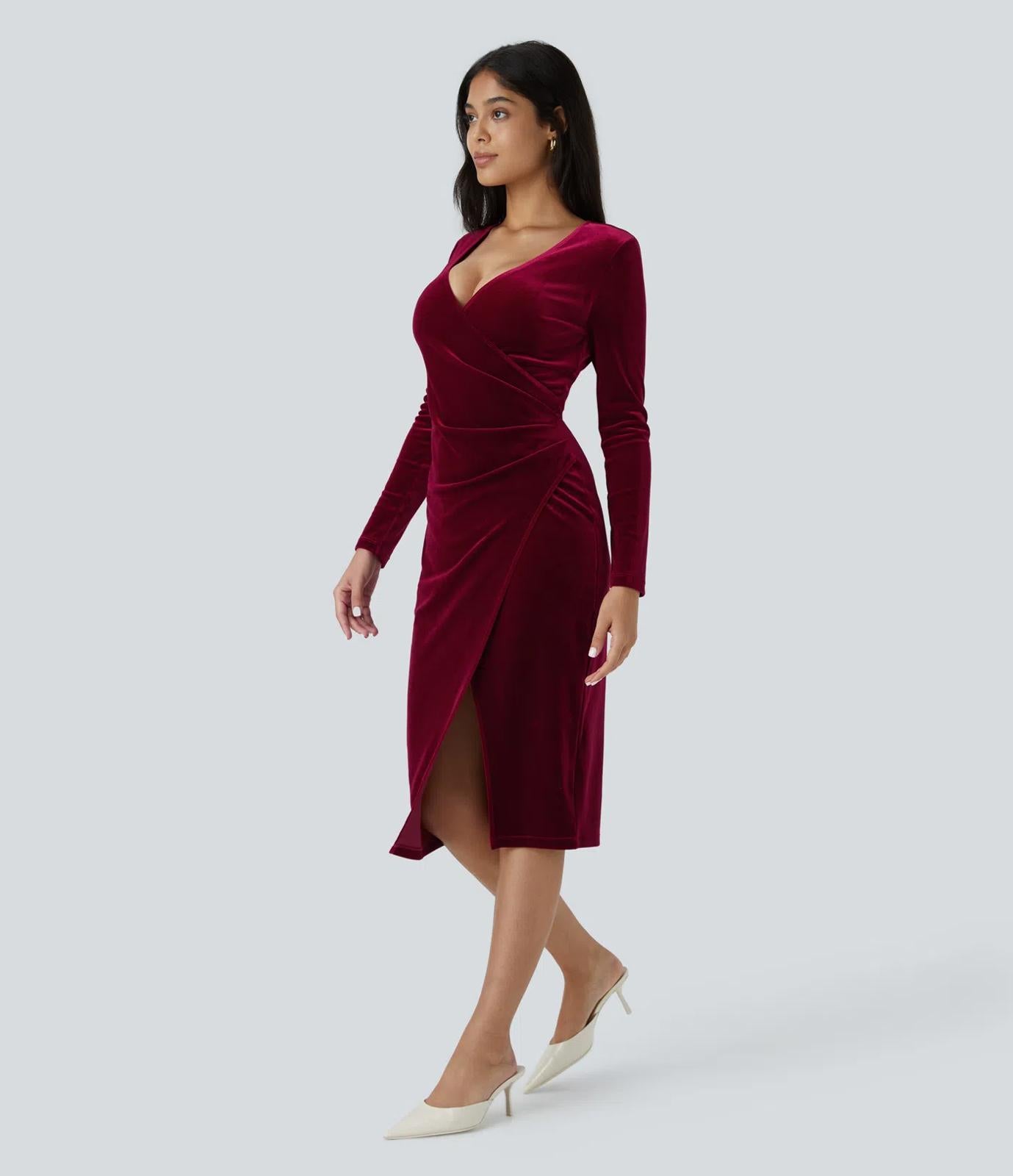 NWT Halara V Neck Long Sleeve Ruched Velvet Midi Casual Dress Size M