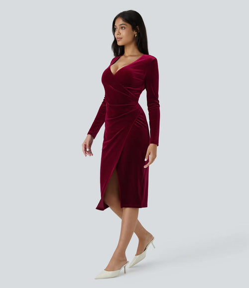 NWT Halara V Neck Long Sleeve Ruched Velvet Midi Casual Dress Size M