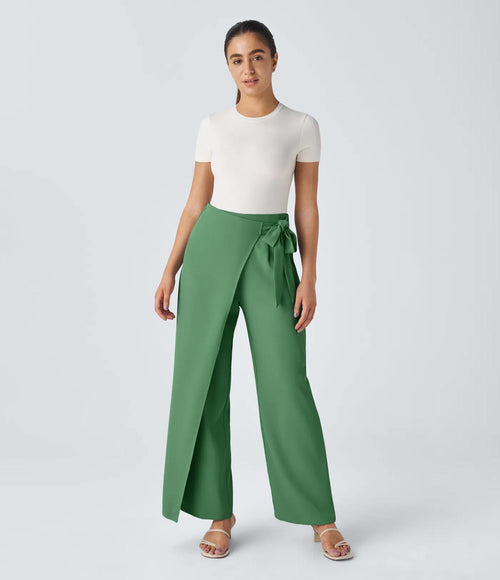 NWT Halara High Waisted Tie Side Wide Leg Work Pants Hills Green L