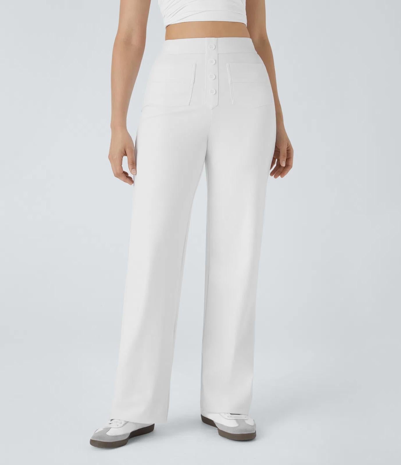 NWT Halara High Waist Button Multiple Pockets Strght Leg Casual Pants White- XS