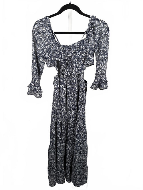 Lulus Blissful Sweetie Navy Blue Paisley Tiered Cutout Midi Dress - S NWT