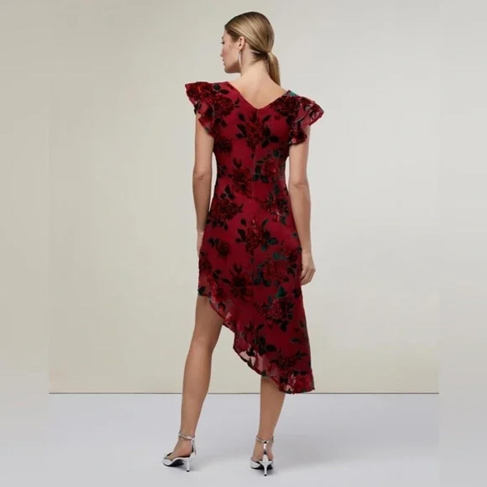 NWT Rachel Parcell Burnout Velvet Ruffle High Low Midi Dress Rose Red Size 0