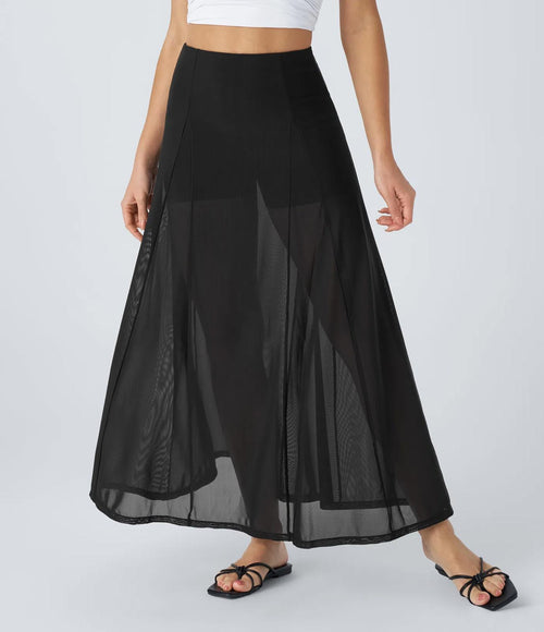 NWT Halara High Waisted Sheer Mesh 2-in-1 Maxi Casual Flare Skirt Black S