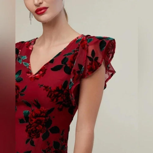 NWT Rachel Parcell Burnout Velvet Ruffle High Low Midi Dress Rose Red Size 0