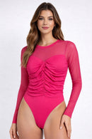NWT Halara Pink Mesh Ruched Long Sleeve Bodysuit Size Small