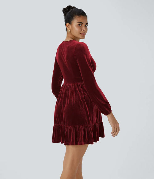NWT Halara Deep V Neck Long Sleeve Ruffle Hem Velvet Mini Chill Dress Sangria XS