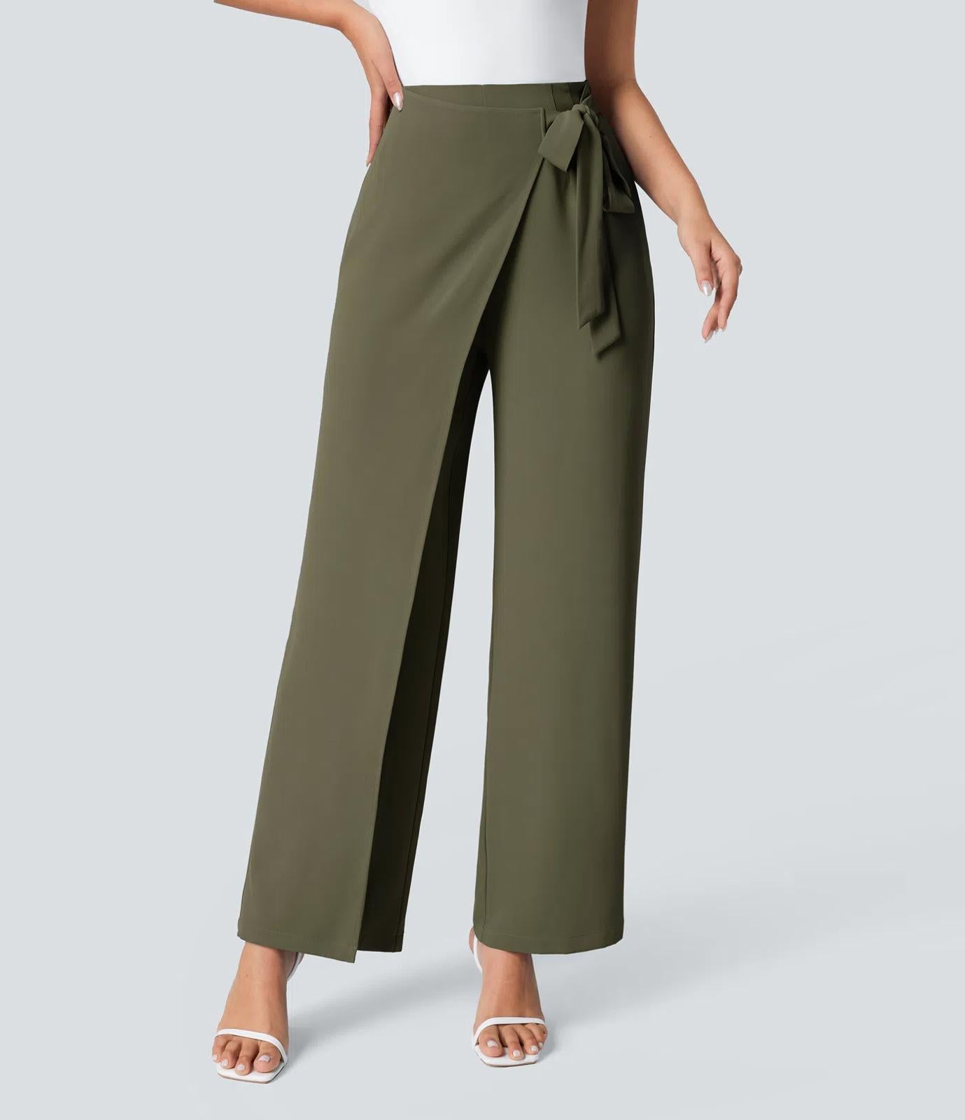 NWT Halara High Waisted Tie Side Wide Leg Work Pants Burnt Olive Size Large