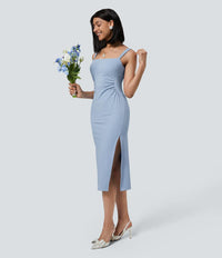 NWT Halara SoftlyZero Airy Ruched Midi Cool Touch Dress-UPF50+ Chambray Blue M