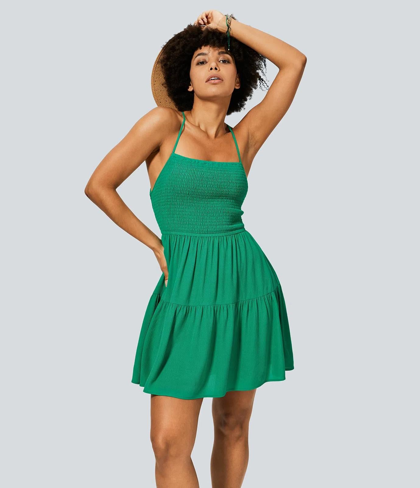 NWT Halara Shirred Flowy Mini Linen-Feel Casual Dress Parakeet Small